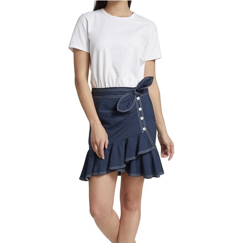 Veronica Beard White Tee Navy Blue Ruffle Mini Dress XS New! - Picture 3 of 5